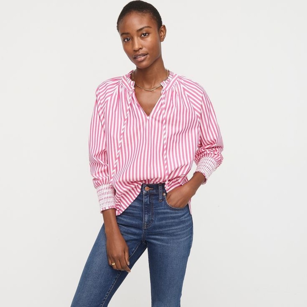 J‎ Crew Smocked-cuff Popover in Pink Stripe